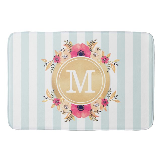 Mint Stripes Watercolor Flowers Faux Gold Monogram Bath Mat (Front)