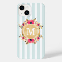 Mint Stripes Watercolor Flowers Faux Gold Monogram