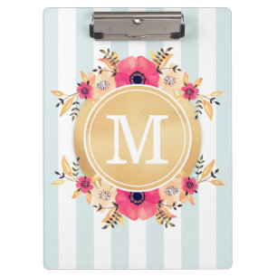 Mint Stripes Watercolor Flowers Faux Gold Monogram Clipboard