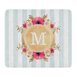 Mint Stripes Watercolor Flowers Faux Gold Monogram Cutting Board