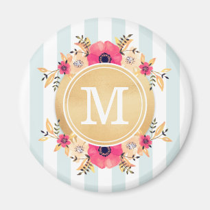 Mint Stripes Watercolor Flowers Faux Gold Monogram Magnet