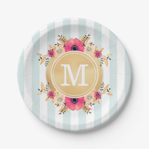Mint Stripes Watercolor Flowers Faux Gold Monogram Paper Plate