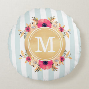 Mint Stripes Watercolor Flowers Faux Gold Monogram Round Cushion