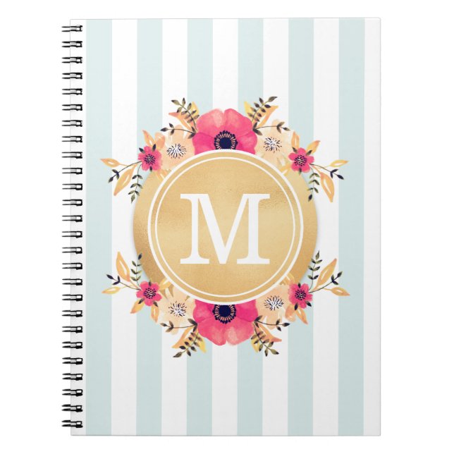 Mint Stripes Watercolor Flowers Faux Gold Monogram Spiral Notebook (Front)