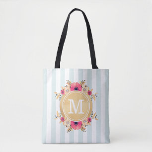Mint Stripes Watercolor Flowers Faux Gold Monogram Tote Bag