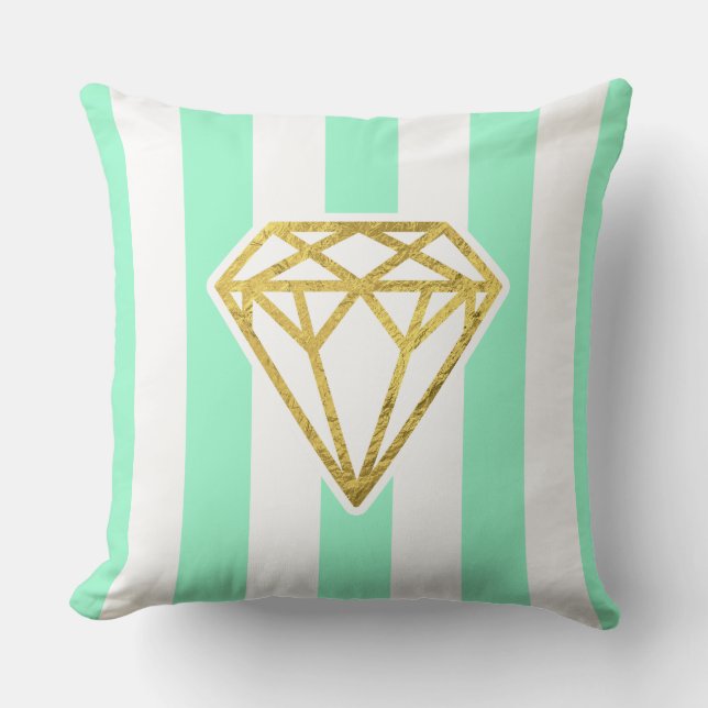 Mint Stripes with Gold Foil Diamond Cushion (Front)