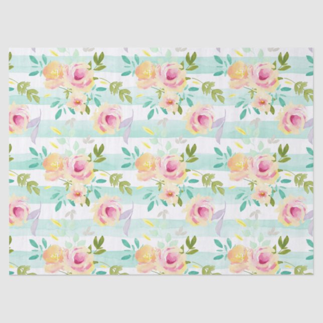 Mint Stripes Yellow Pink Floral Chic Tissue Paper (Front)