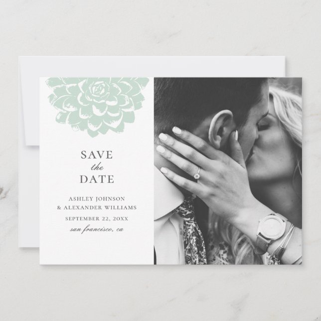 Mint succulent. Modern cactus wedding. Floral Save The Date (Front)