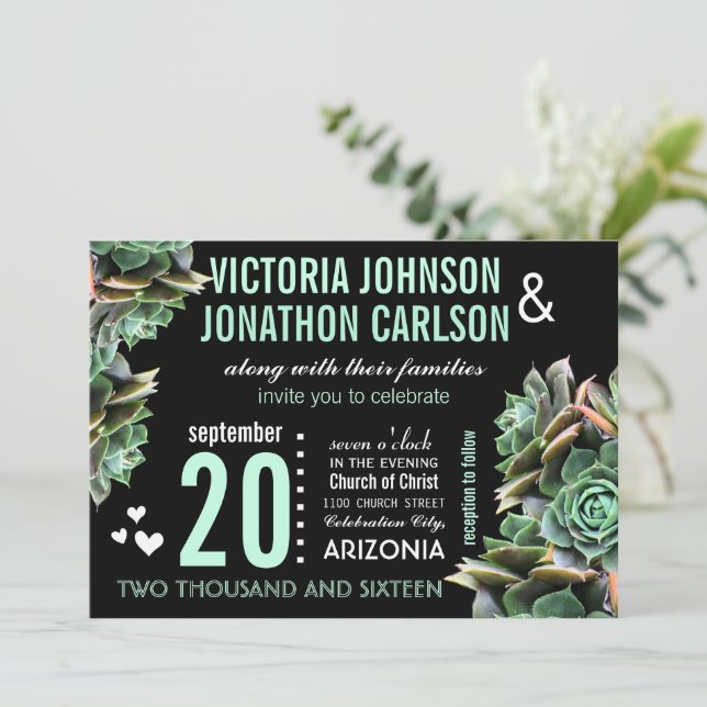 Mint Succulent Modern Wedding Invitation (Standing Front)