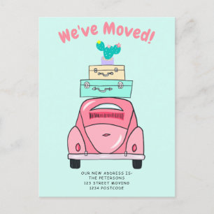 Mint suitcase car illustration moving announcement postcard