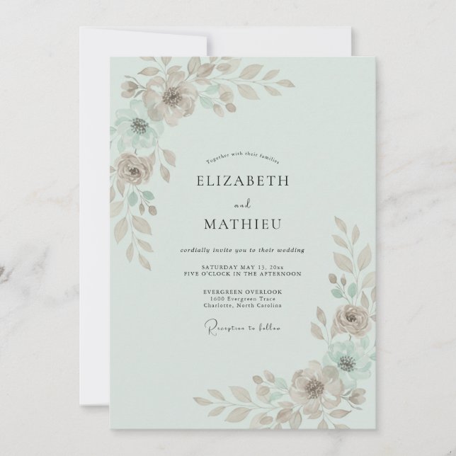Mint Taupe Painted Leaf Wedding Invitation (Front)