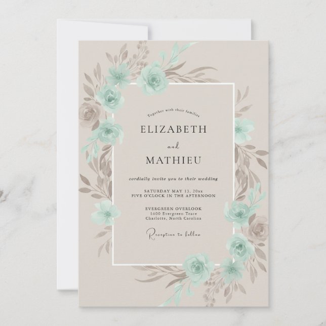 Mint Taupe Ranunculus Soft Eucalyptus Wedding Invitation (Front)
