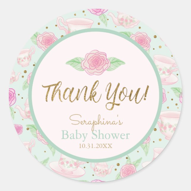 Mint Tea Party Floral Baby Shower Thank You Classic Round Sticker (Front)