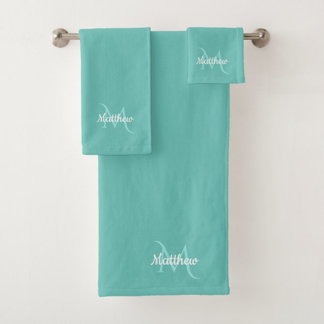 Mint Teal Aquamarine Green Monogram Name Bath Towel Set (Insitu)