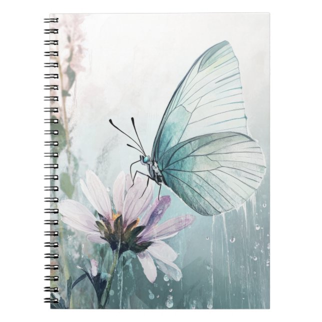 Mint Teal Butterfly Soft Pastel Floral Notebook (Front)