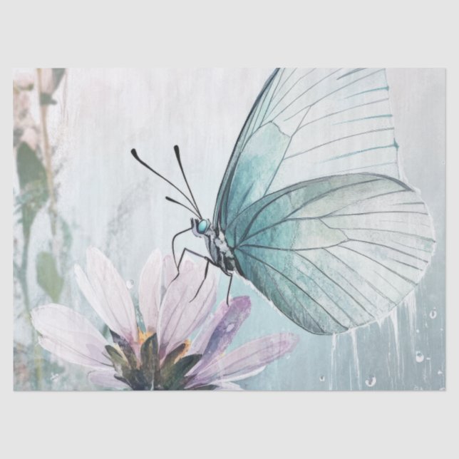 Mint Teal Butterfly Soft Pastel Floral Tissue Paper (Front)