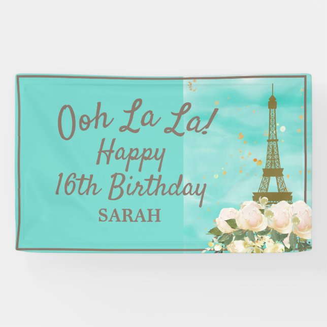 Mint Teal Gold Sweet 16 Paris Eiffel Tower Banner (Horizontal)
