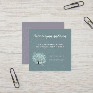 Mint Teal Heart Leaf Tree Boho Floral and Feathers Square Business Card