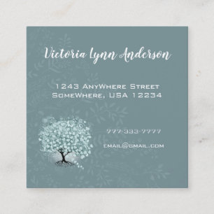 Mint Teal Heart Leaf Tree Boho Floral and Feathers Square Business Card