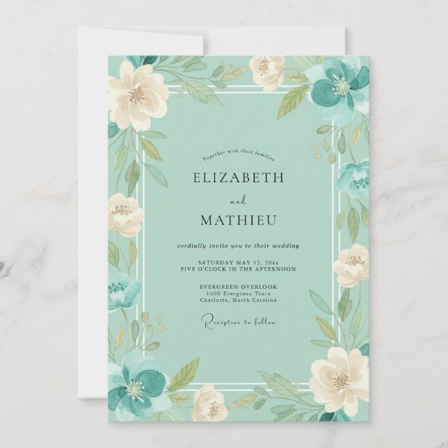 Mint Teal Ranunculus Eucalyptus Wedding Invitation (Front)