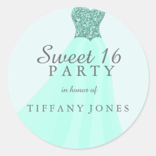 Mint Teal Sparkling Glitter Gown Sweet 16 Party Classic Round Sticker