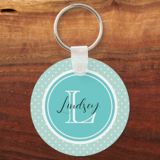 Mint Tiny Polka Dots with Custom Monogram Key Ring