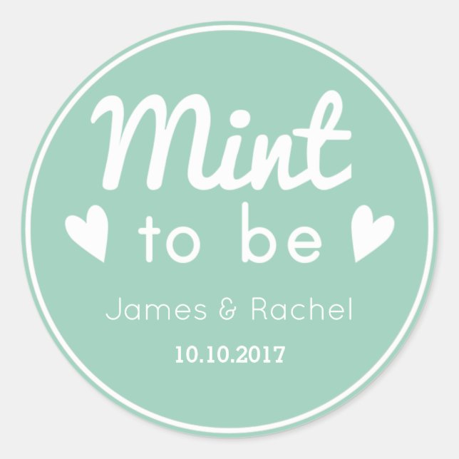 Mint to be green and white wedding favour sticker (Front)
