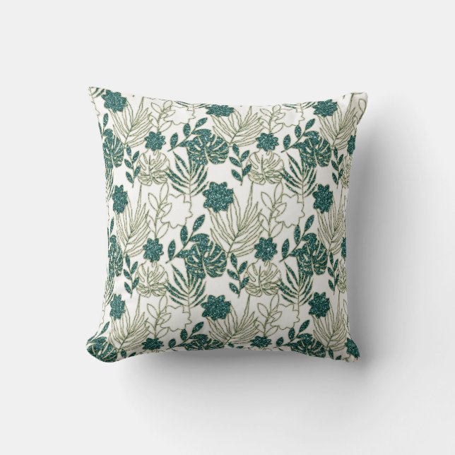 Mint Tropical Monstera Botanical White Leafs Palm Cushion (Front)