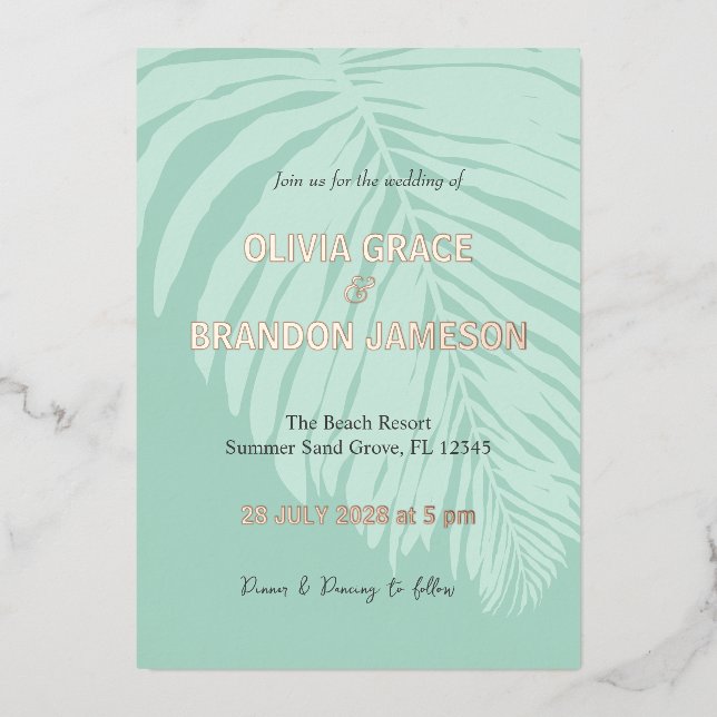 Mint Tropical Palm Leaf Wedding  (Front)