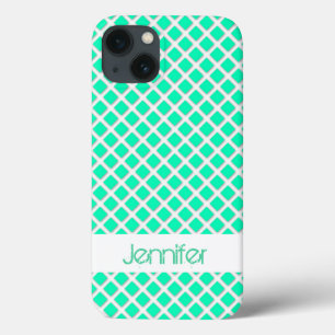 Mint Turquoise Tilted Squares Name Personalised iPhone 13 Case