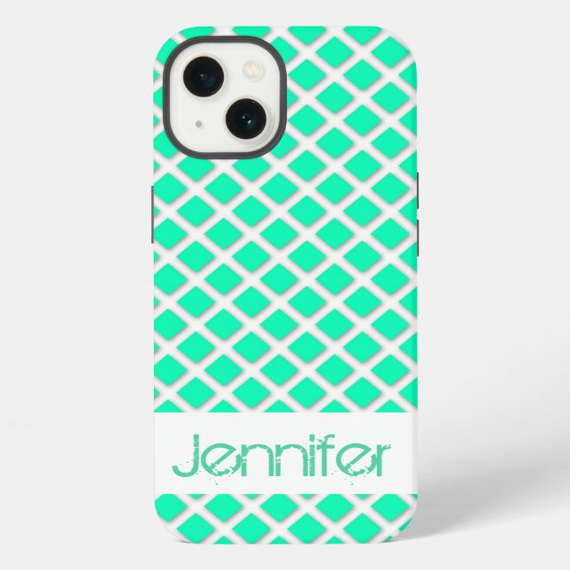 Mint Turquoise Tilted Squares Name Personalised iPhone Case (Back)