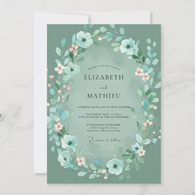 Mint Turquoise Wreath Wedding Invitation (Front)