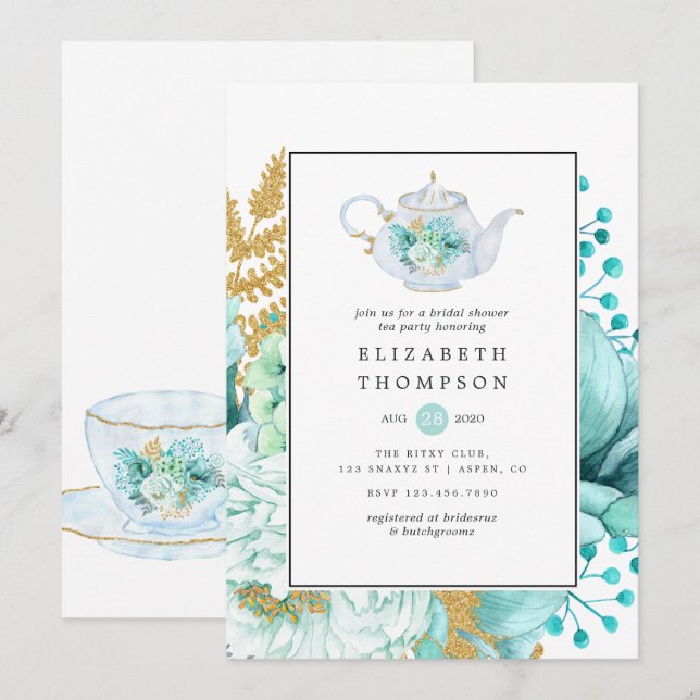 Mint Watercolor Floral Bridal Shower Tea Party Invitation (Front/Back)