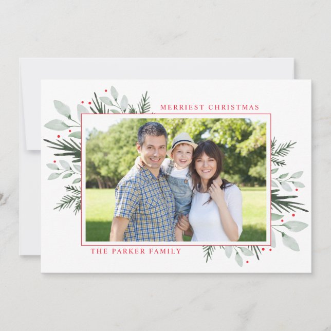 Mint watercolor floral christmas photo flat card (Front)