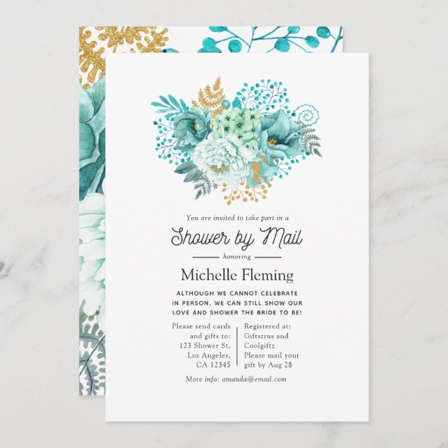 Mint Watercolor Floral Shower by Mail Invitation (Front/Back)