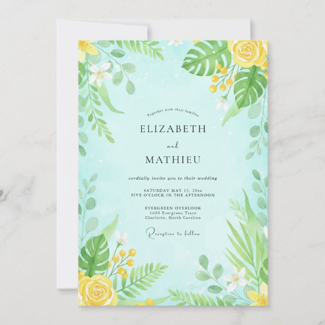 Mint Watercolor Floral Wedding Invitation (Front)