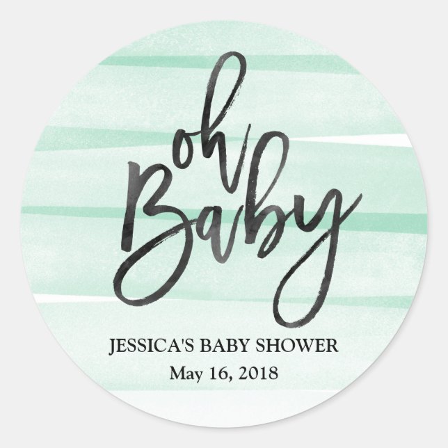 Mint Watercolor Gradient Oh Baby Shower Sticker (Front)