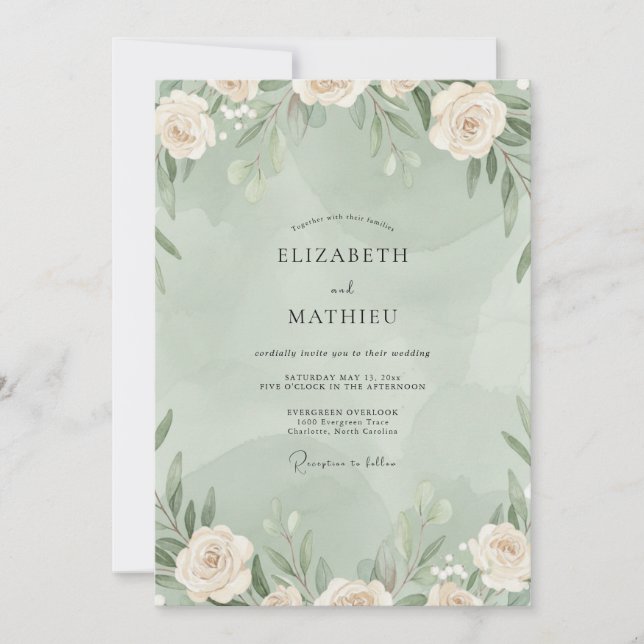 Mint Watercolor Leaf Wedding Invitation (Front)