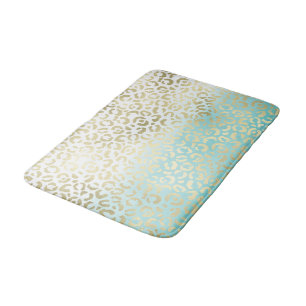 Mint Watercolor Ombre Glam Gold Leopard   Bath Mat