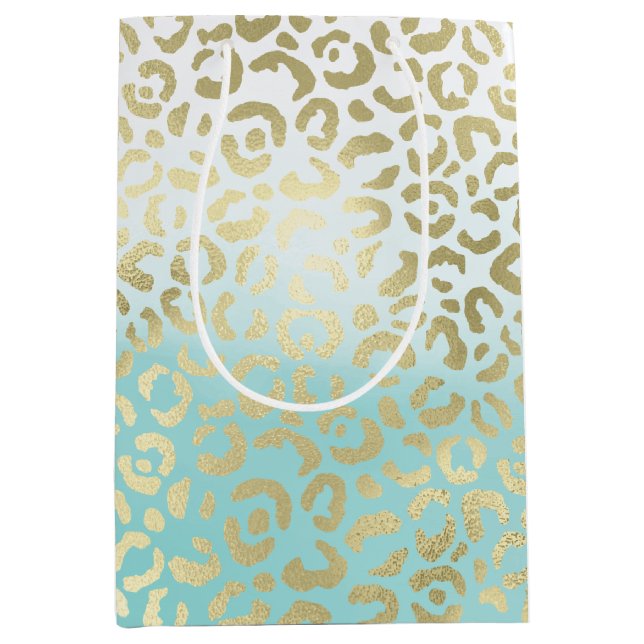 Mint Watercolor Ombre Glam Gold Leopard   Medium Gift Bag (Front)