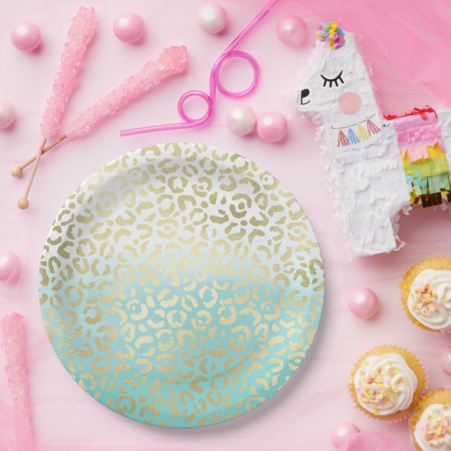 Mint Watercolor Ombre Glam Gold Leopard   Paper Plate (Party)