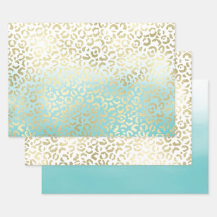 Mint Watercolor Ombre Glam Gold Leopard Wrapping Paper Sheet