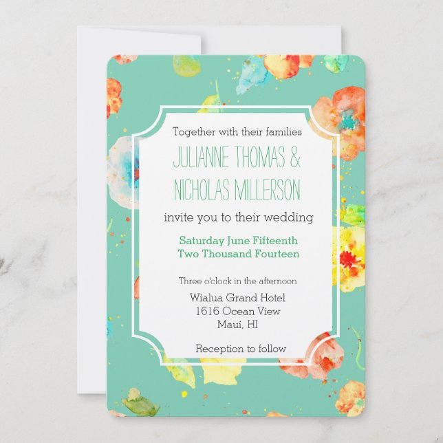 Mint Watercolor Poppies Wedding Invitation (Front)