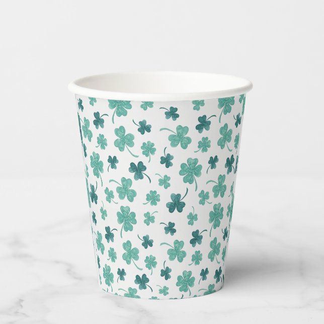 Mint Watercolor Shamrock St Patricks Day Paper Cups (Front)