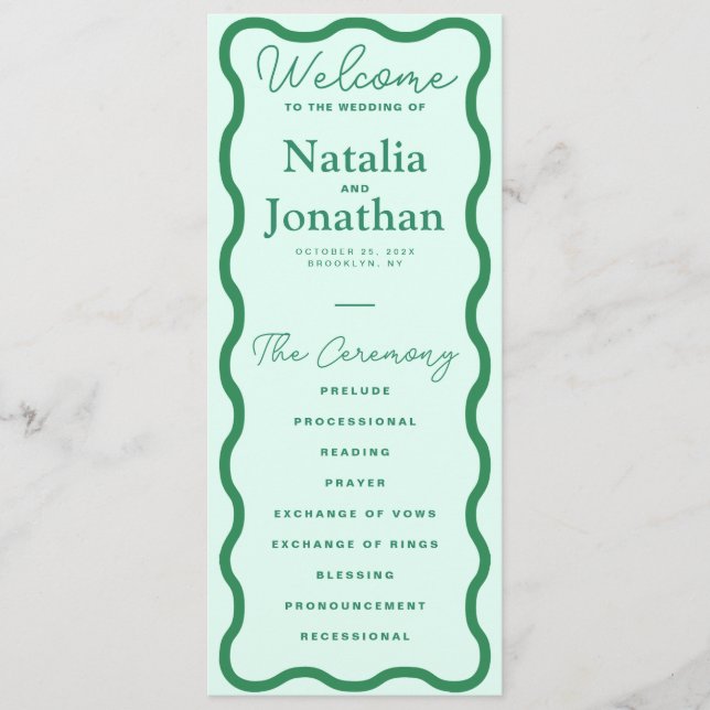 Mint Wavy Retro Wedding Programme (Front)