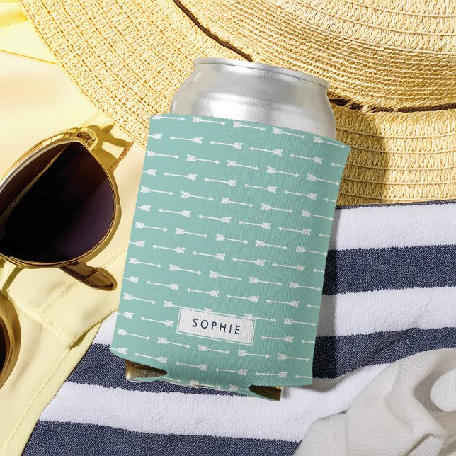 Mint & White Arrows Personalised Can Cooler (Creator Uploaded)