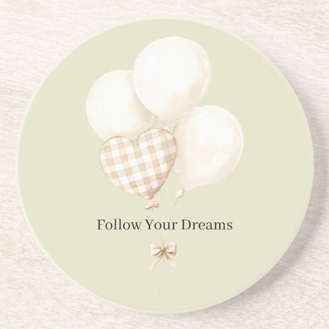 Mint White & Brown Plaid Stripes Balloons Coaster (Front)