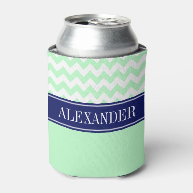 Mint White Chevron CB Navy Name Monogram Can Cooler (Can Front)