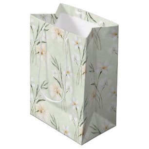 Mint White Cream Hibiscus Floral Bridal Shower Medium Gift Bag