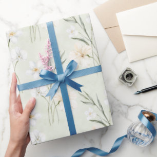 Mint White Cream Hibiscus Floral Bridal Shower Wrapping Paper